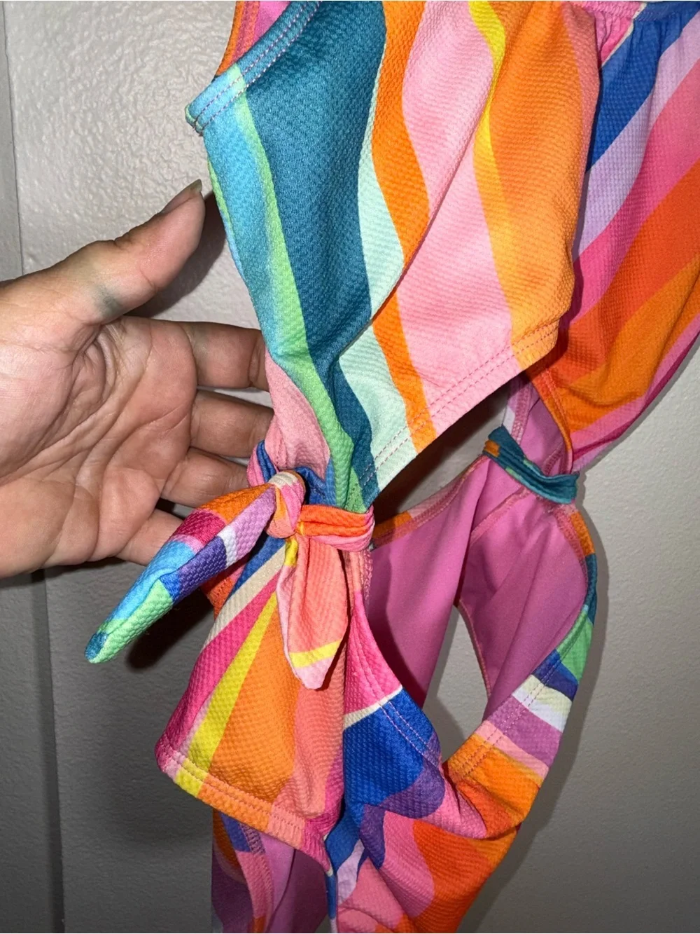 HOBIE  Girl's cutout Side Tie Rainbow One Piece  Swimsuit Pink Trim 14